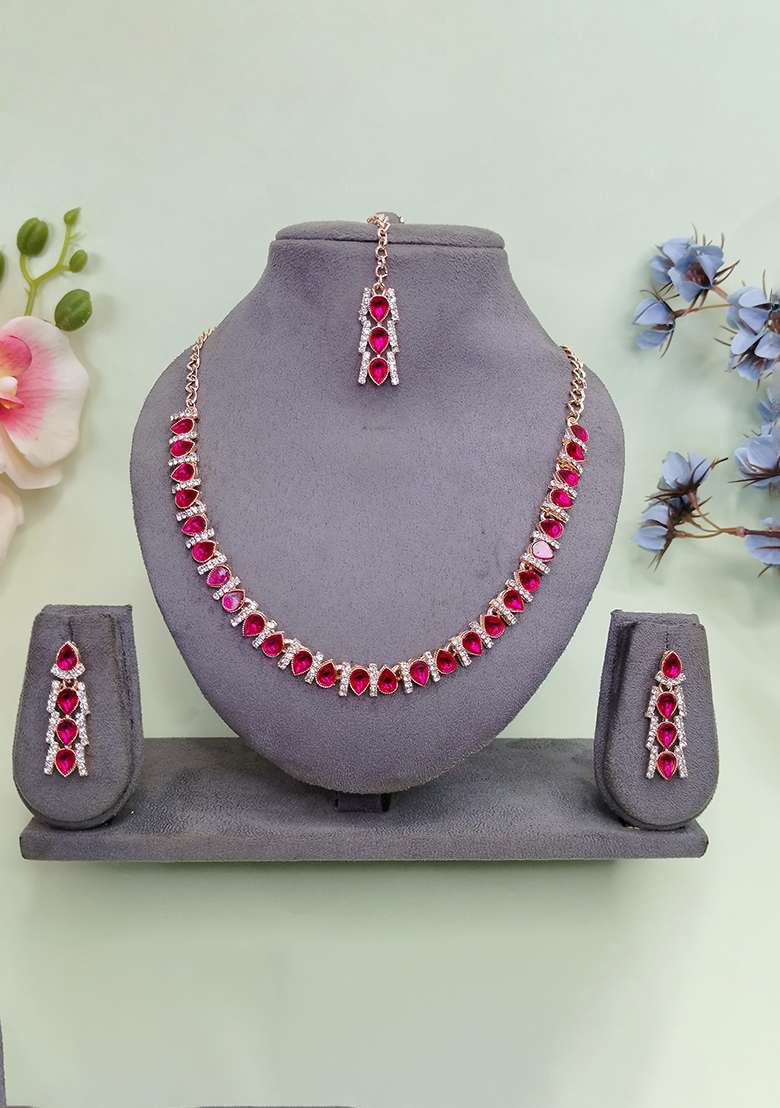 Pink Alloy American Diamonds and Stone Necklace Set - Indya