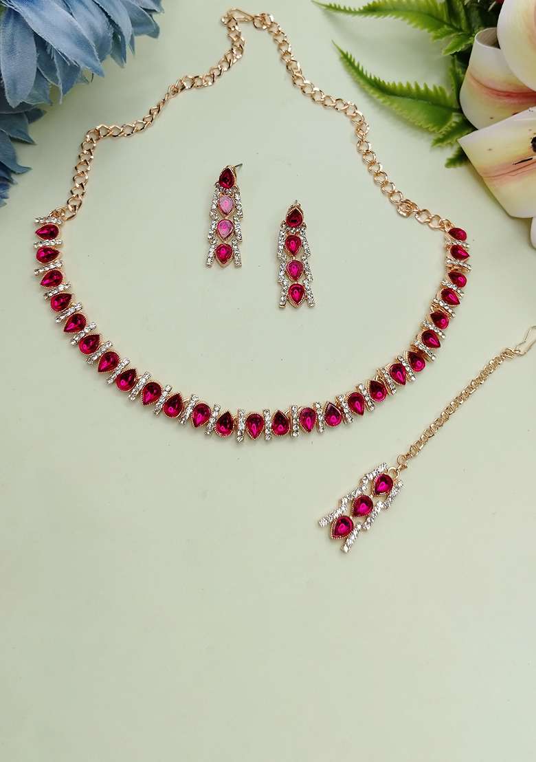 Pink Alloy American Diamonds and Stone Necklace Set - Indya