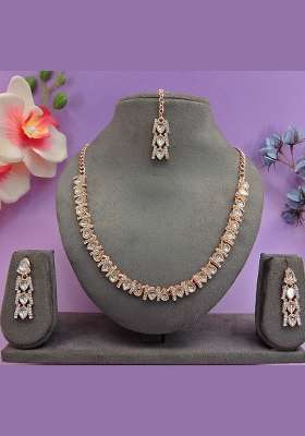 Pink Alloy American Diamonds and Stone Necklace Set