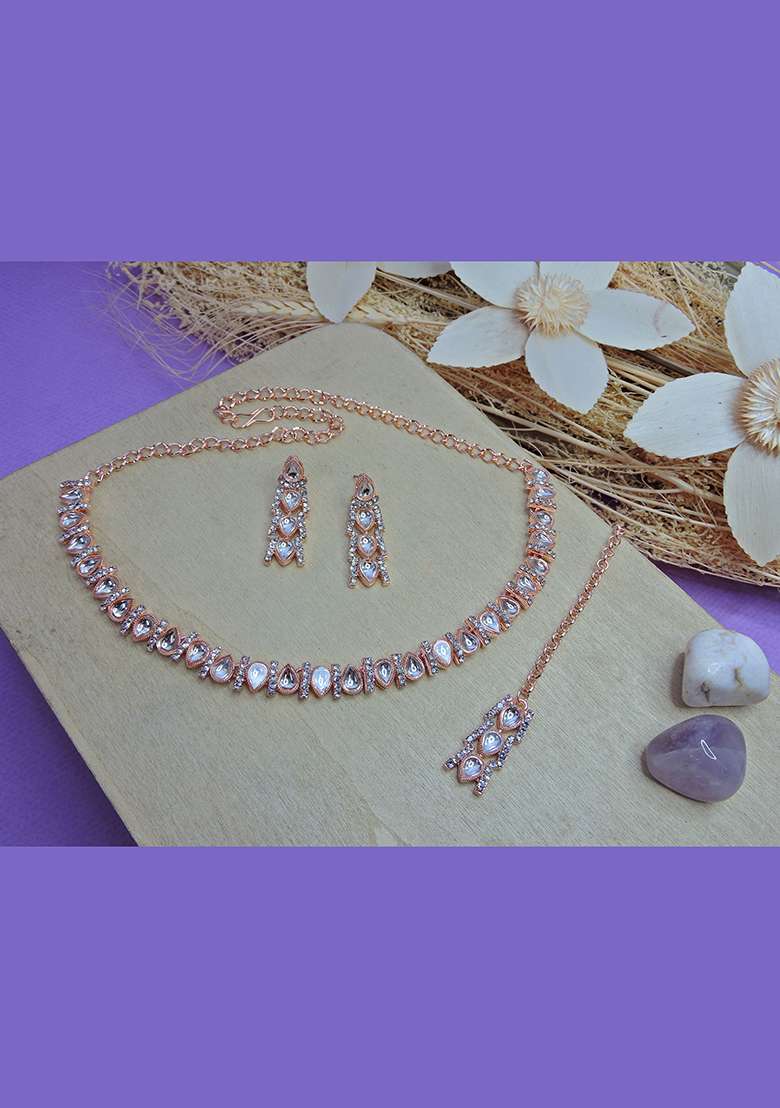 Pink Alloy American Diamonds and Stone Necklace Set - Indya