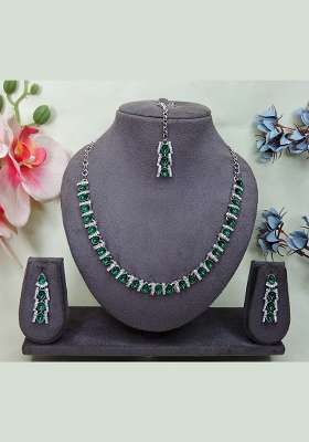 Green Alloy American Diamonds and Stone Necklace Set