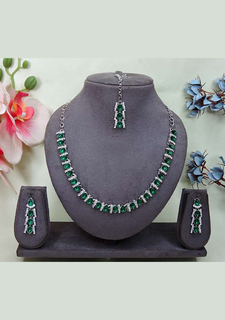 Green Alloy American Diamonds and Stone Necklace Set - Indya