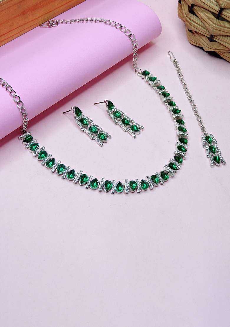 Green Alloy American Diamonds and Stone Necklace Set - Indya