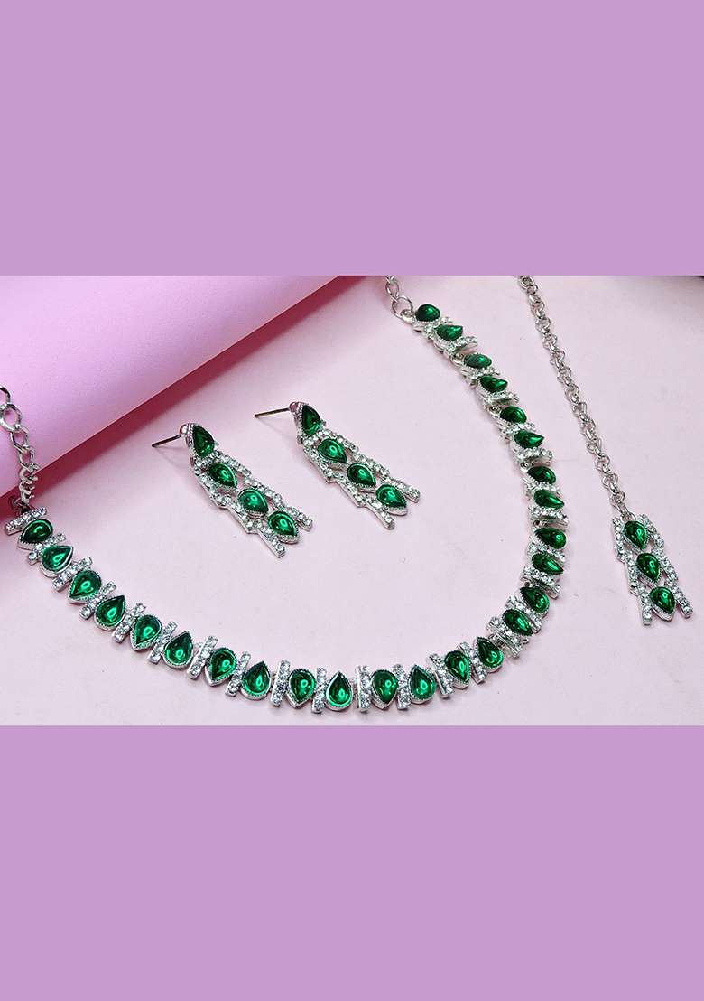 Green Alloy American Diamonds and Stone Necklace Set - Indya