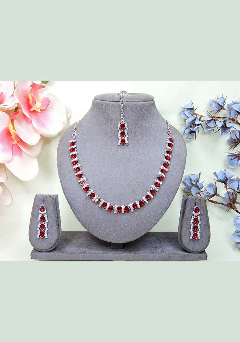 Maroon Alloy American Diamonds and Stone Necklace Set - Indya