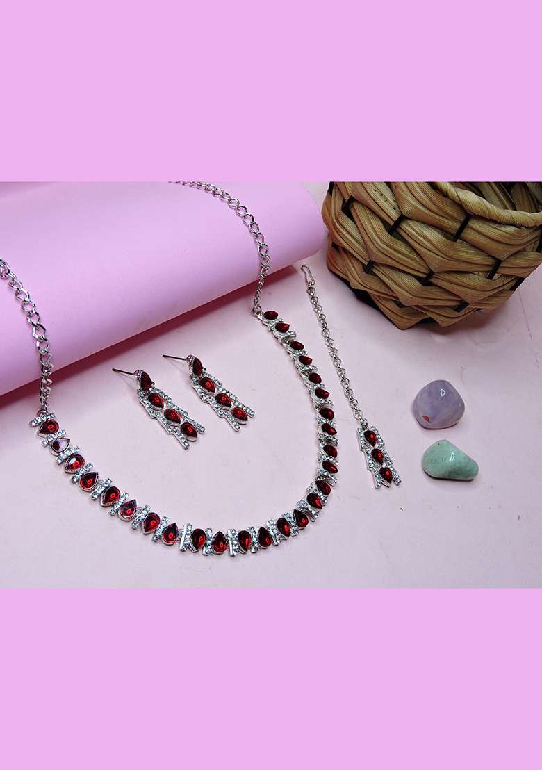 Maroon Alloy American Diamonds and Stone Necklace Set - Indya