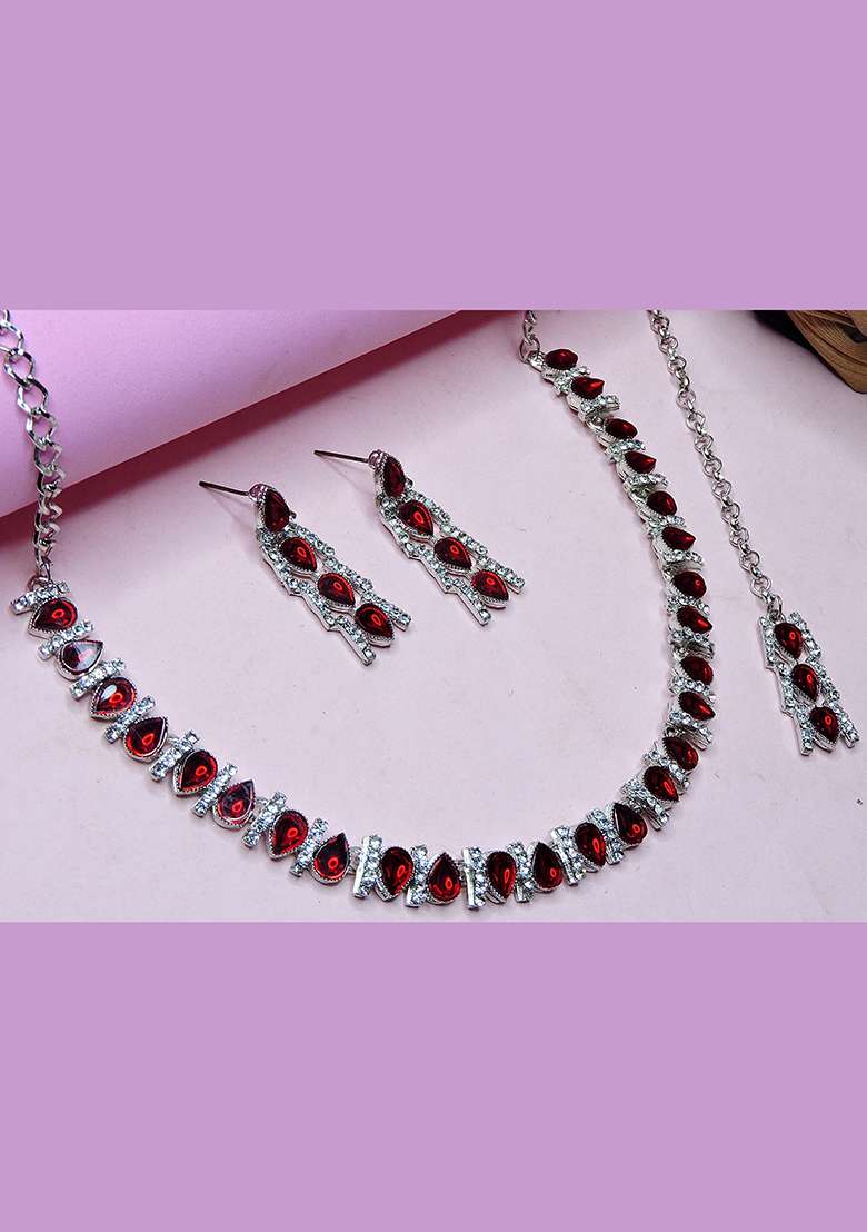 Maroon Alloy American Diamonds and Stone Necklace Set - Indya