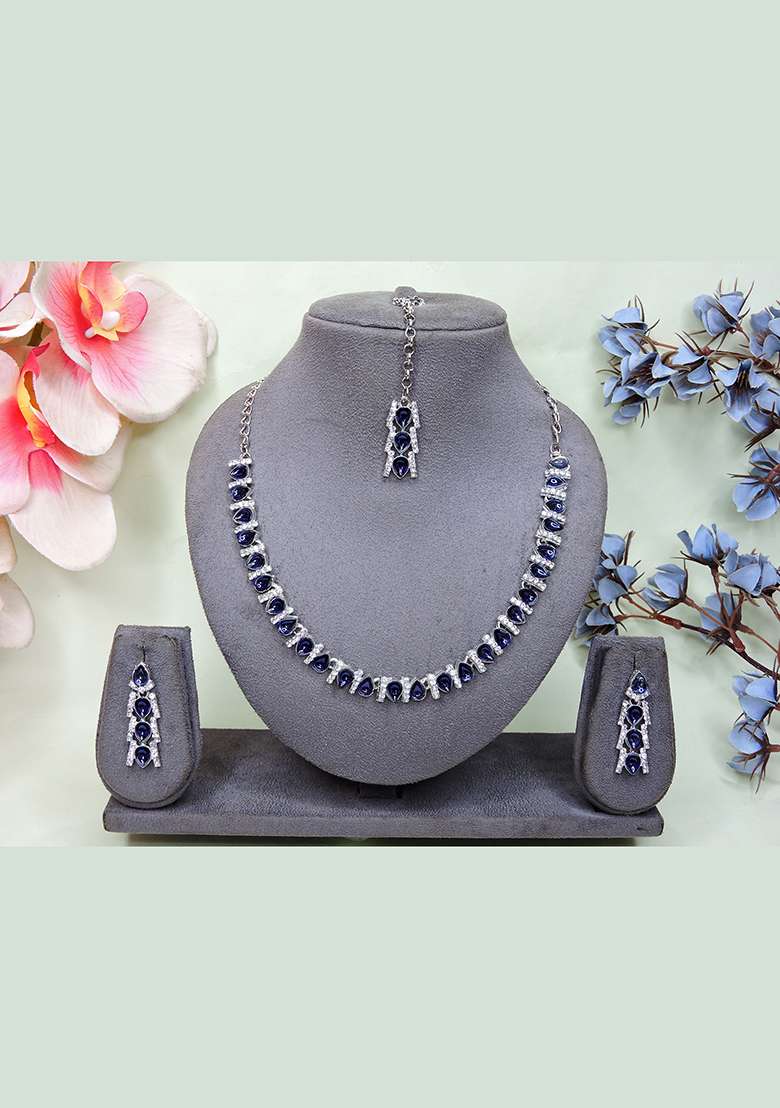 Blue Alloy American Diamonds and Stone Necklace Set - Indya