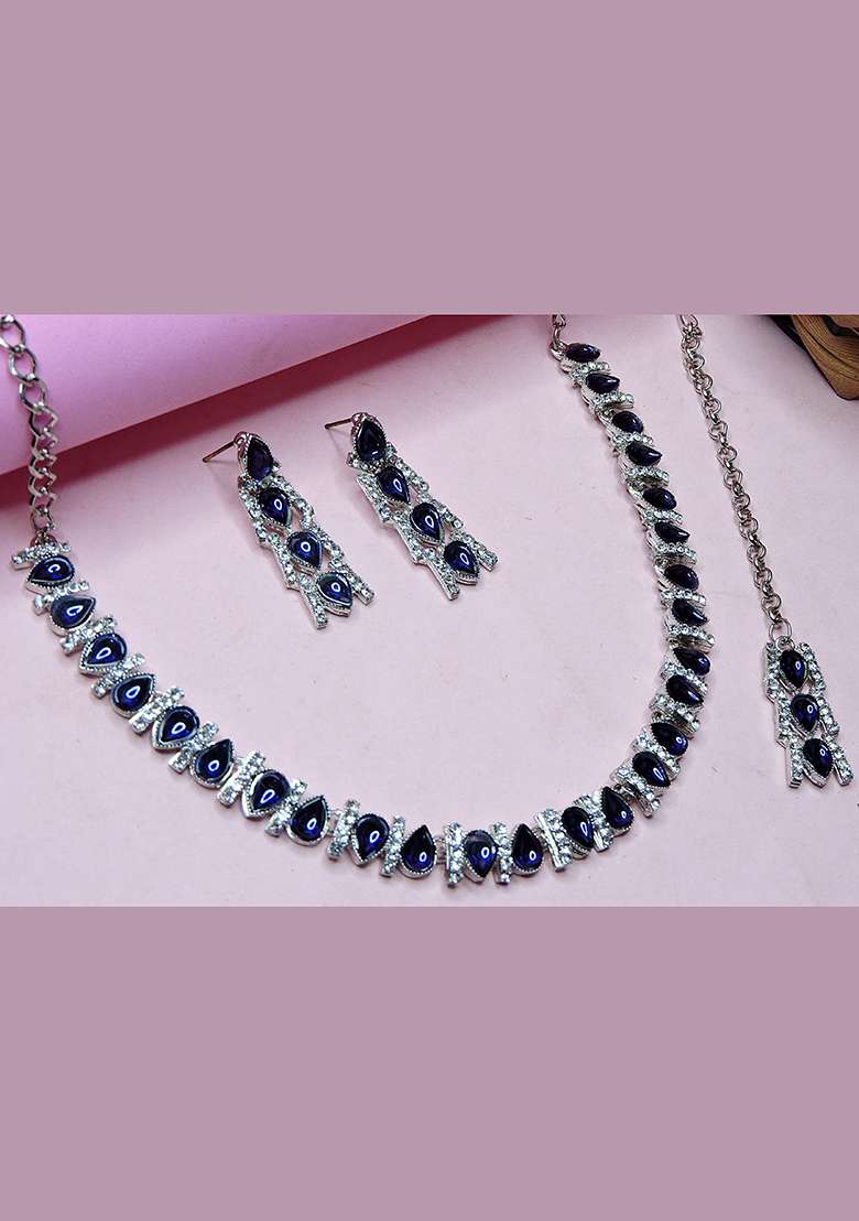 Blue Alloy American Diamonds and Stone Necklace Set - Indya