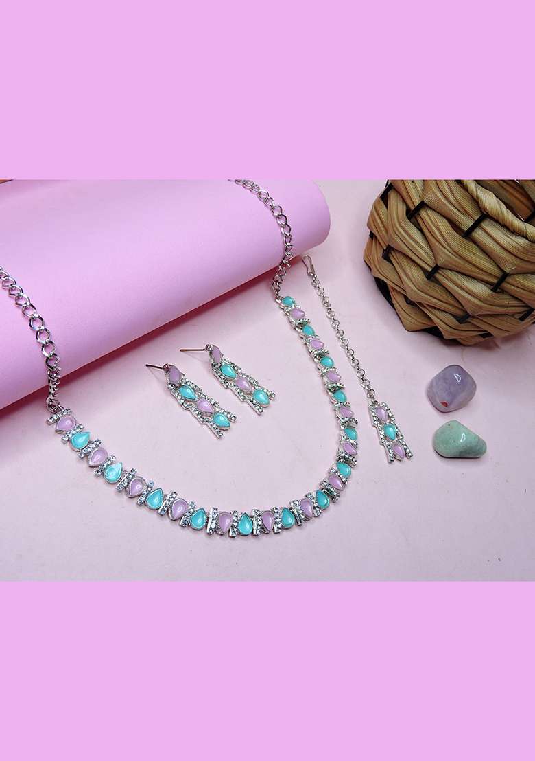 Green Alloy American Diamonds and Stone Necklace Set - Indya
