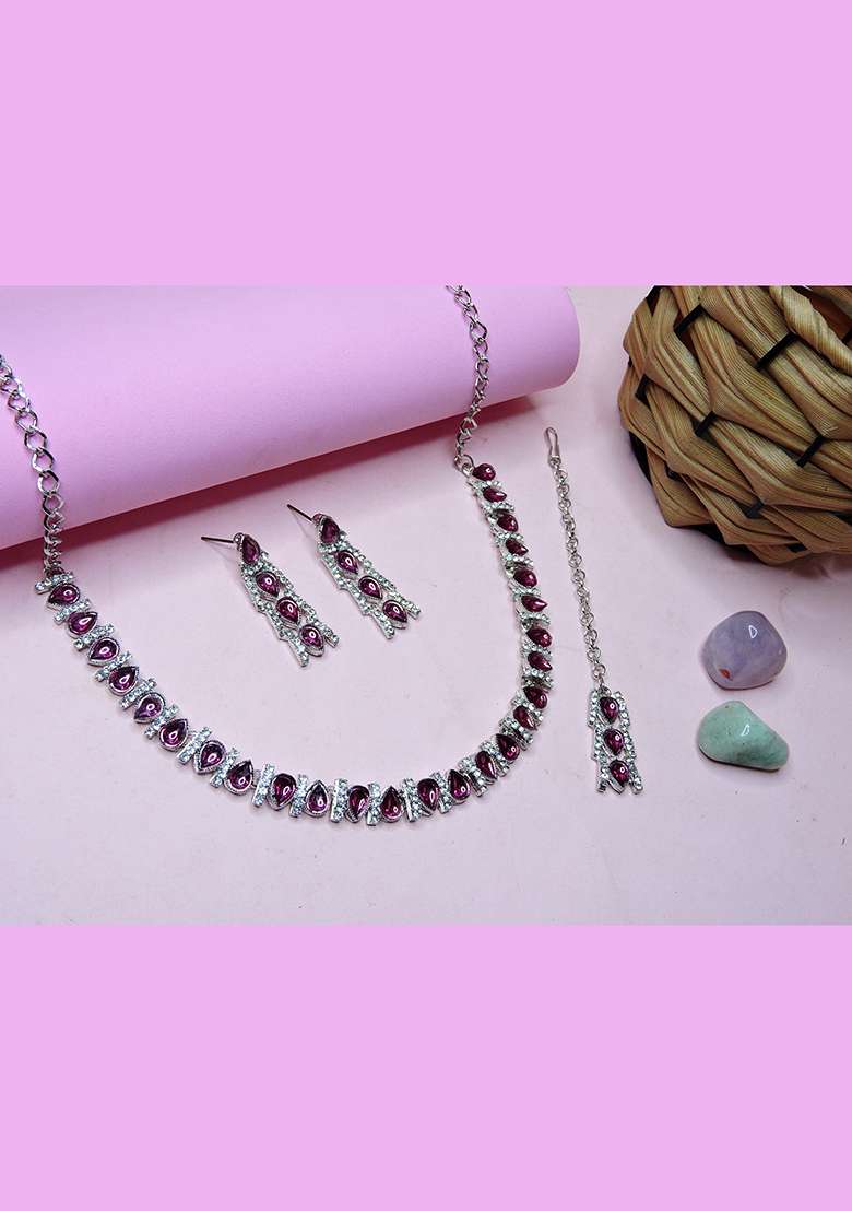 Purple Alloy American Diamonds and Stone Necklace Set - Indya
