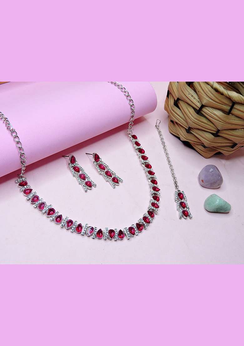 Pink Alloy American Diamonds and Stone Necklace Set - Indya