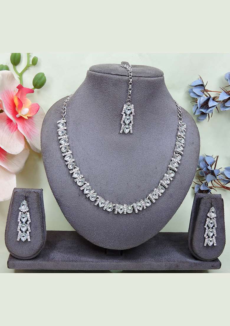 White Alloy American Diamonds and Stone Necklace Set - Indya