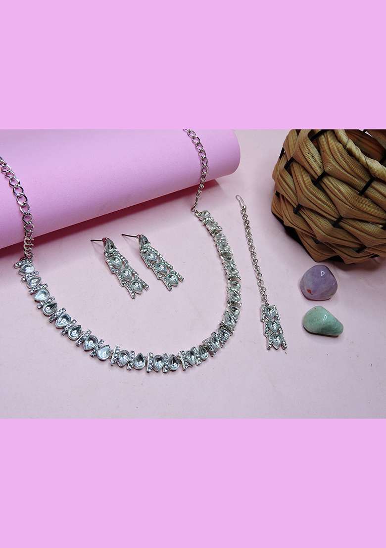White Alloy American Diamonds and Stone Necklace Set - Indya