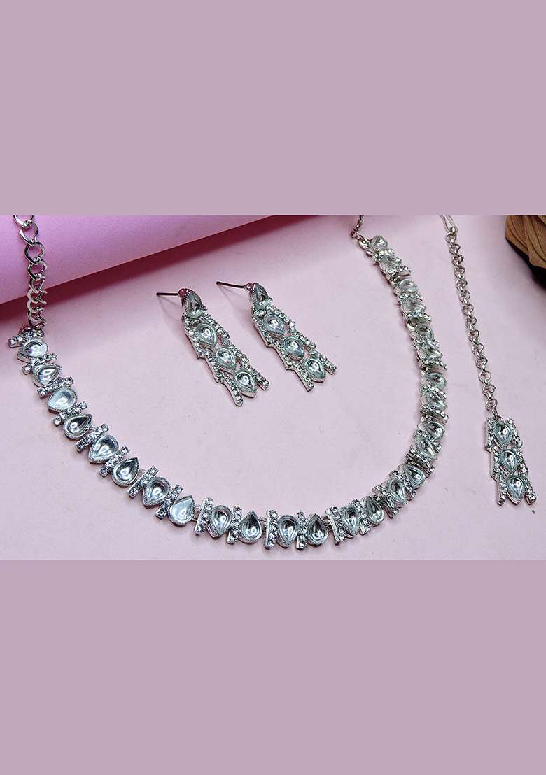White Alloy American Diamonds and Stone Necklace Set - Indya