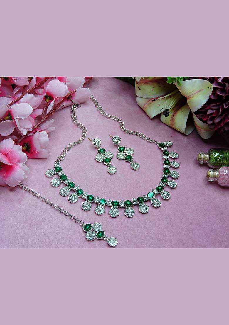 Green Alloy American Diamonds and Stone Necklace Set - Indya