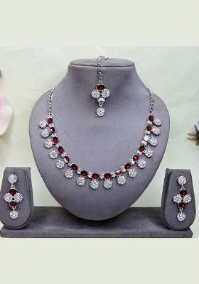 Maroon Alloy American Diamonds and Stone Necklace Set