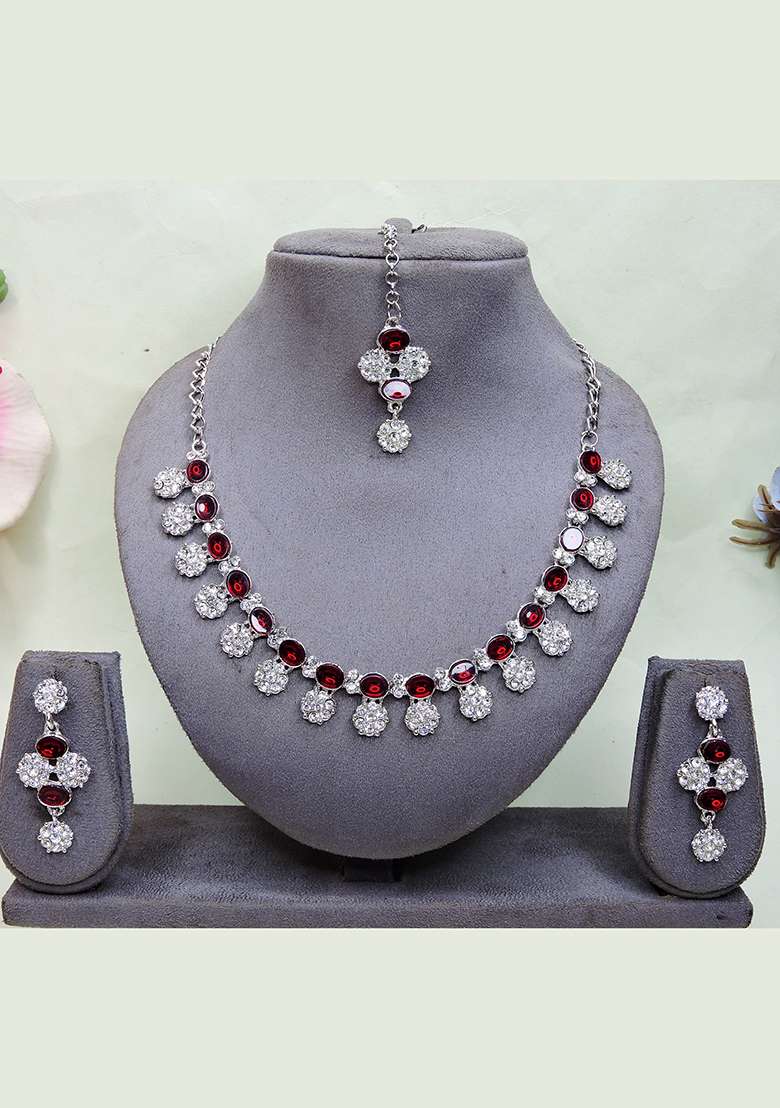 Maroon Alloy American Diamonds and Stone Necklace Set - Indya
