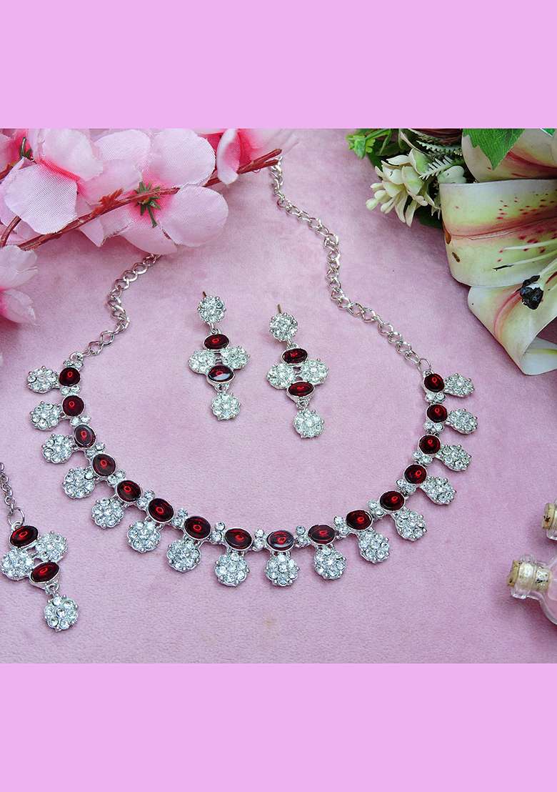 Maroon Alloy American Diamonds and Stone Necklace Set - Indya