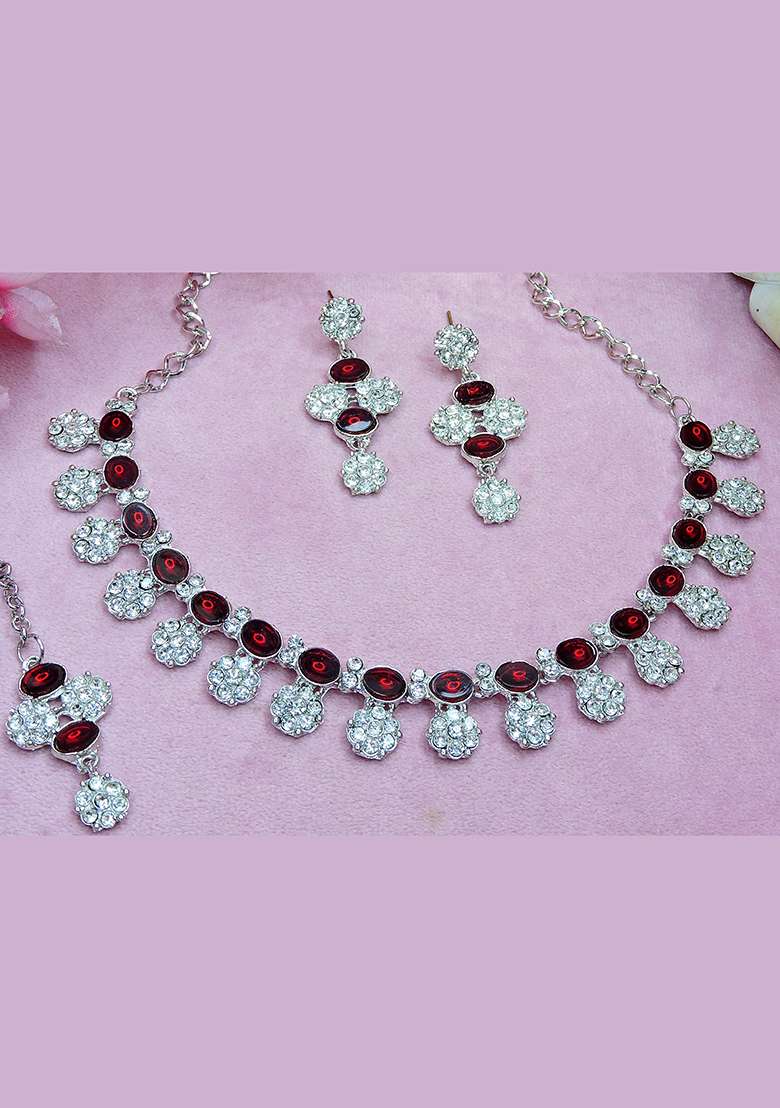 Maroon Alloy American Diamonds and Stone Necklace Set - Indya