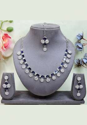 Blue Alloy American Diamonds and Stone Necklace Set