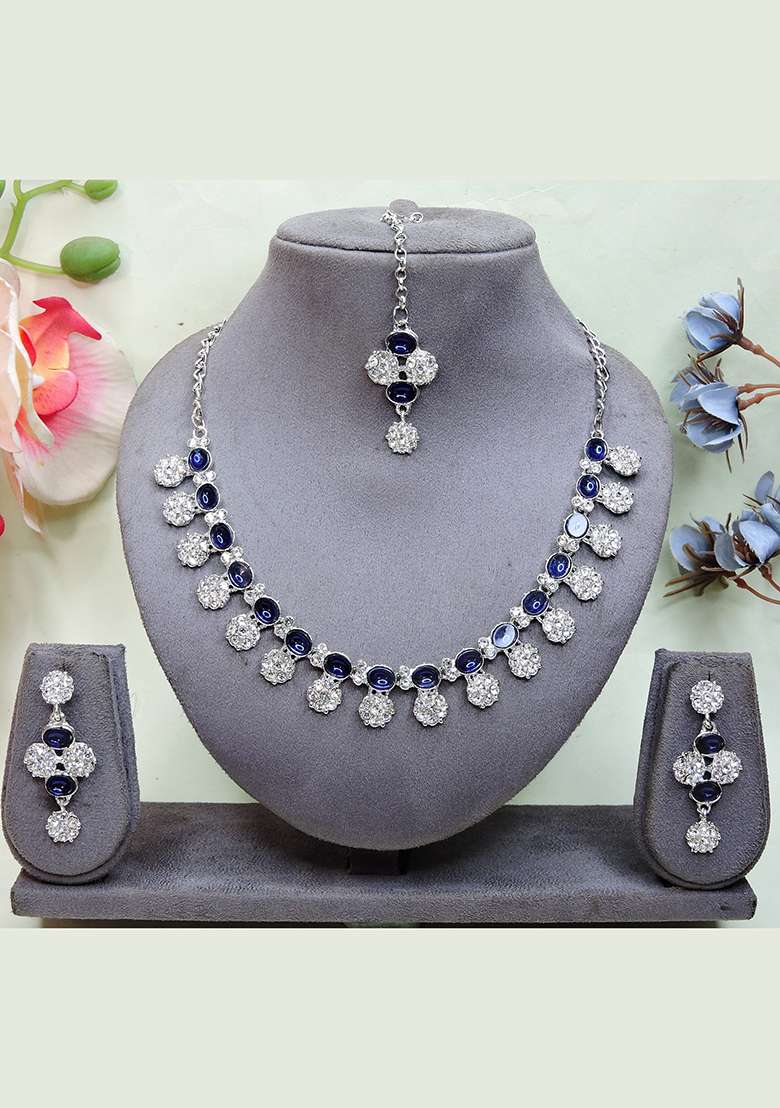 Blue Alloy American Diamonds and Stone Necklace Set - Indya