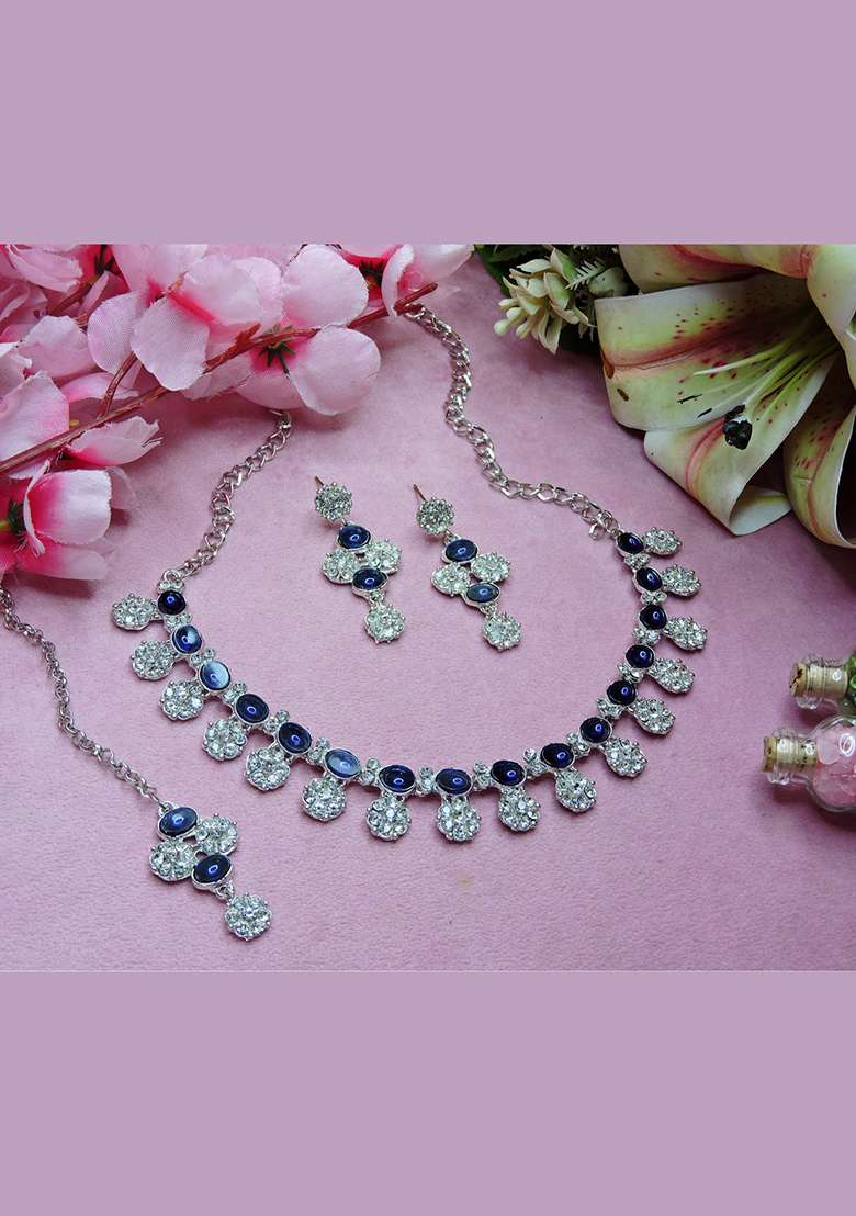 Blue Alloy American Diamonds and Stone Necklace Set - Indya