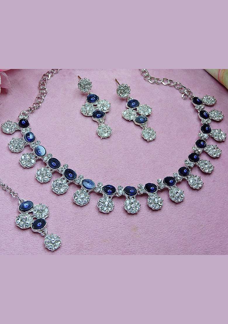 Blue Alloy American Diamonds and Stone Necklace Set - Indya
