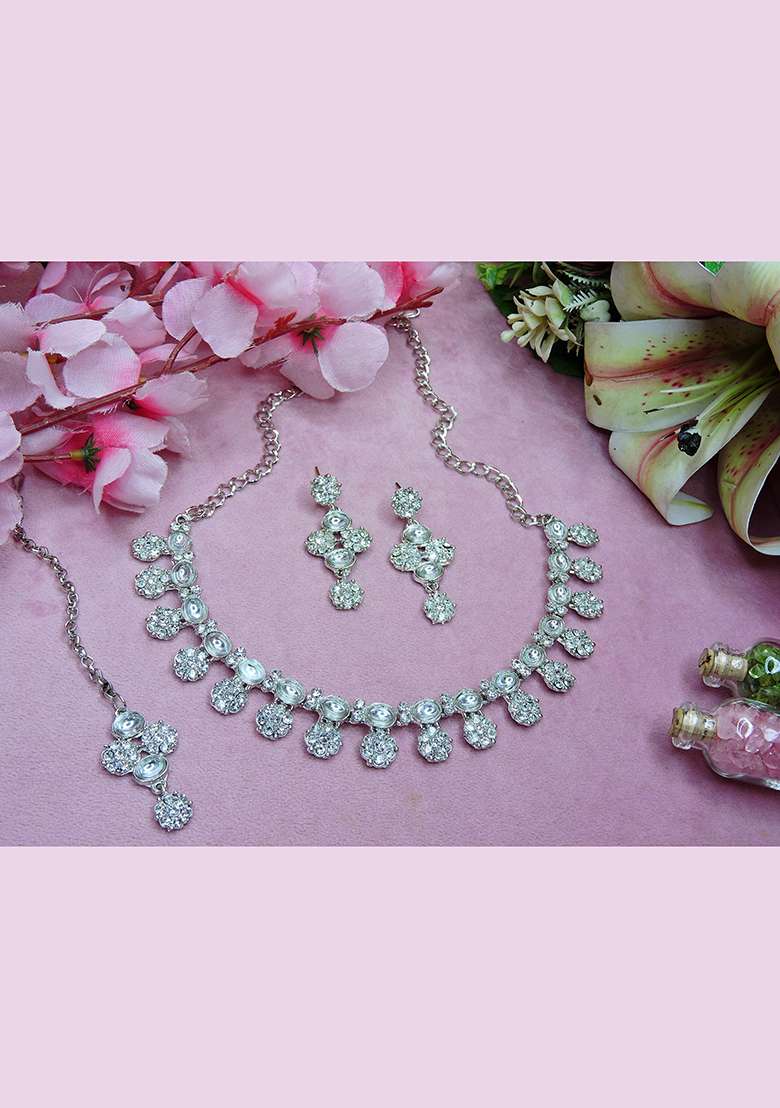 White Alloy American Diamonds and Stone Necklace Set - Indya