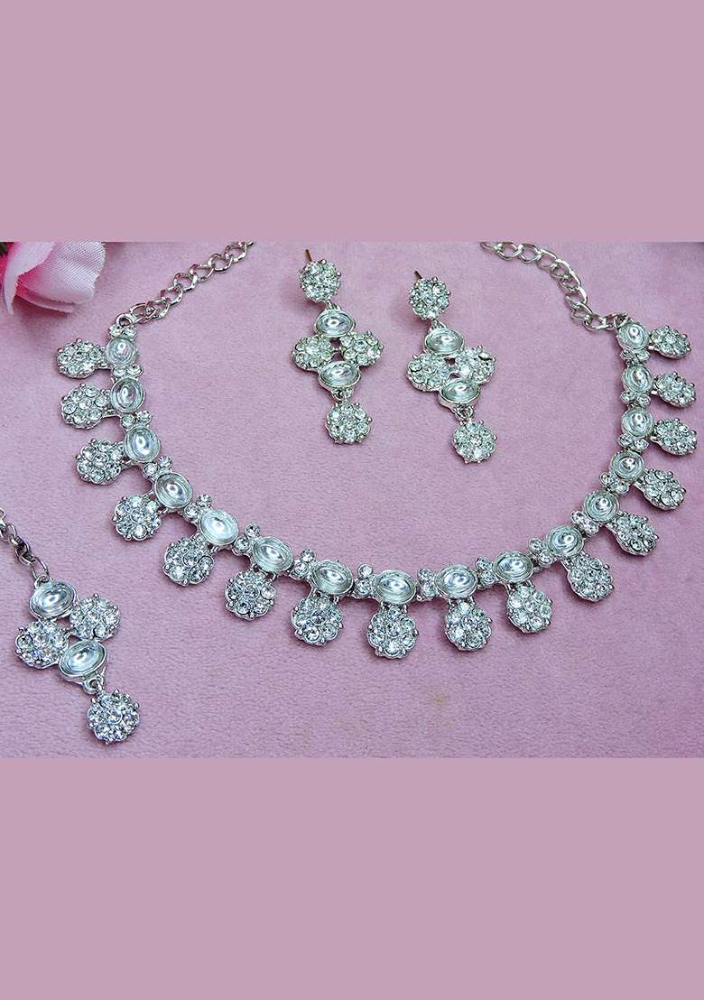 White Alloy American Diamonds and Stone Necklace Set - Indya