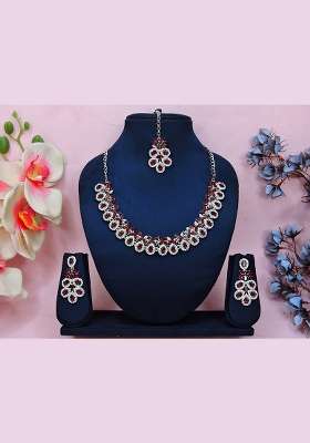 Maroon Alloy American Diamonds and Stone Necklace Set