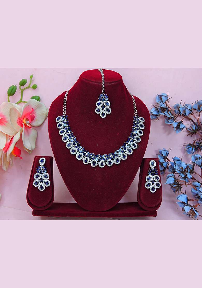 Blue Alloy American Diamonds and Stone Necklace Set - Indya