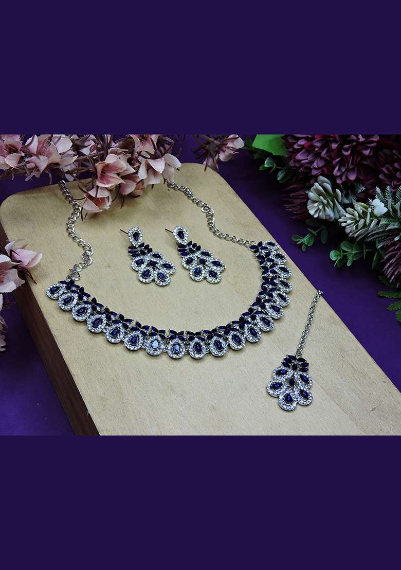 Blue Alloy American Diamonds and Stone Necklace Set - Indya