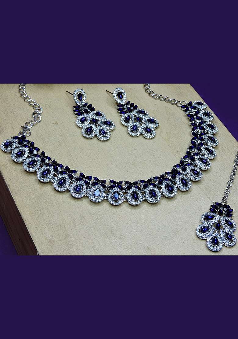 Blue Alloy American Diamonds and Stone Necklace Set - Indya