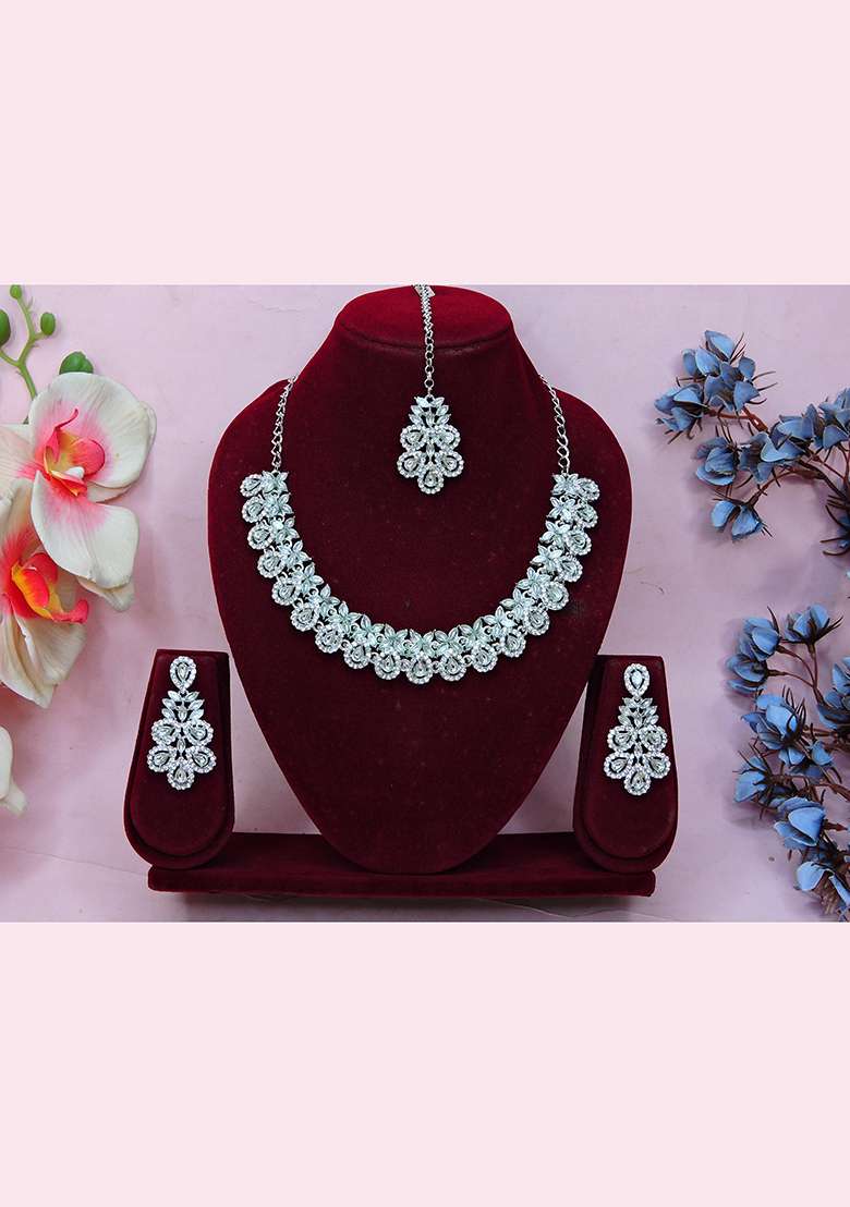 White Alloy American Diamonds and Stone Necklace Set - Indya