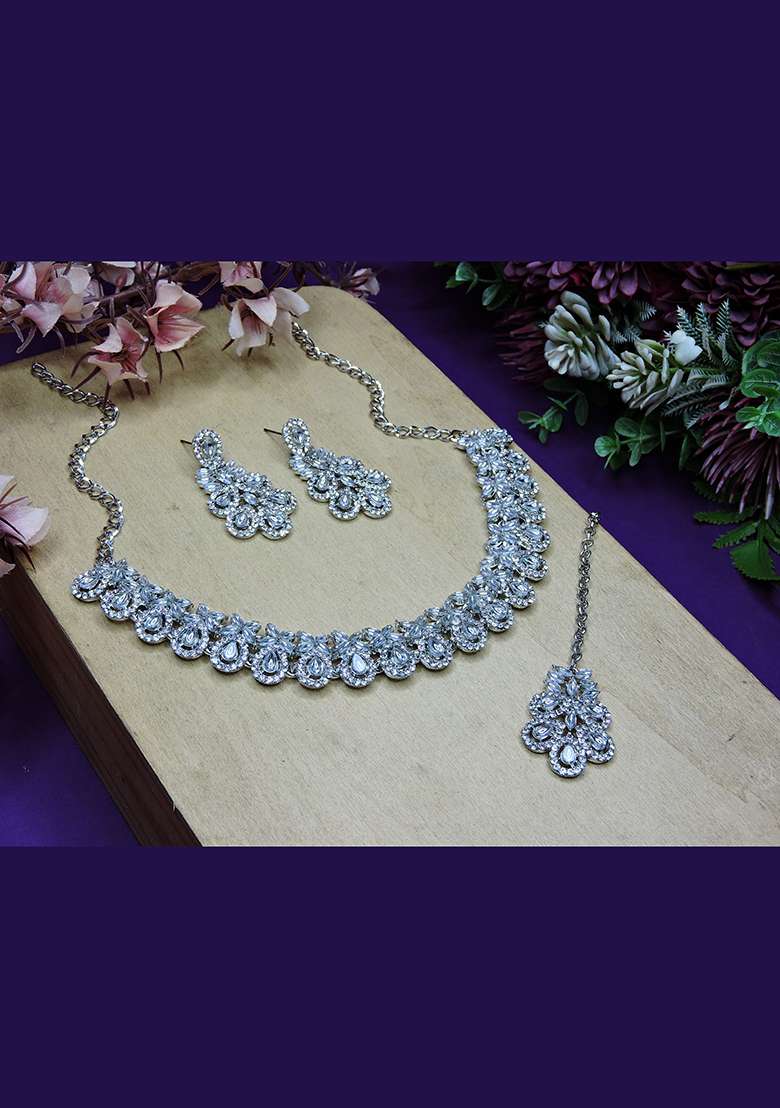 White Alloy American Diamonds and Stone Necklace Set - Indya