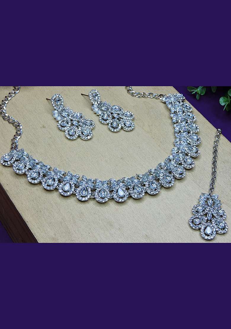 White Alloy American Diamonds and Stone Necklace Set - Indya
