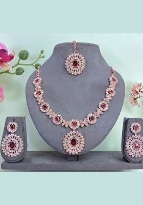 Maroon Alloy American Diamonds and Stone Necklace Set