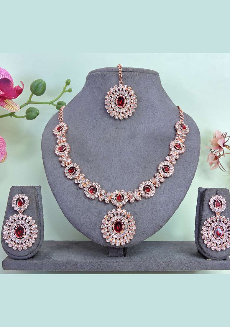 Maroon Alloy American Diamonds and Stone Necklace Set - Indya