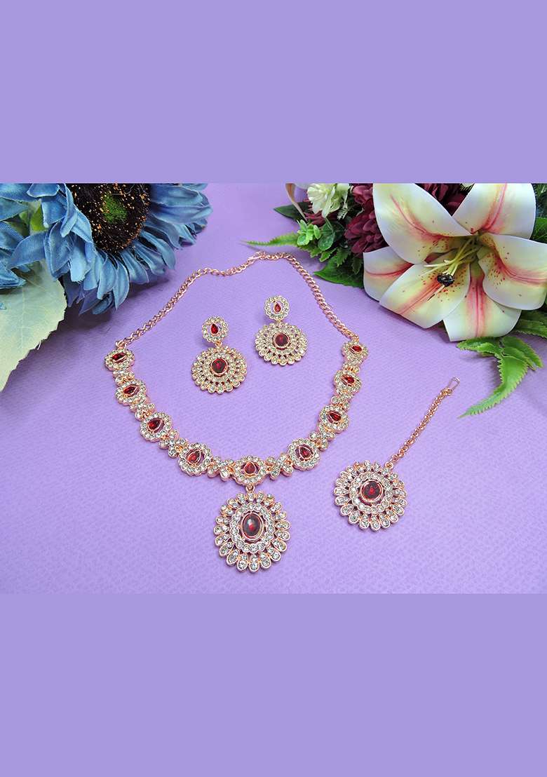 Maroon Alloy American Diamonds and Stone Necklace Set - Indya