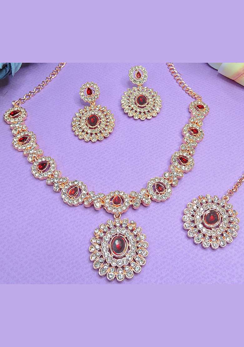 Maroon Alloy American Diamonds and Stone Necklace Set - Indya
