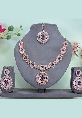 Blue Alloy American Diamonds and Stone Necklace Set