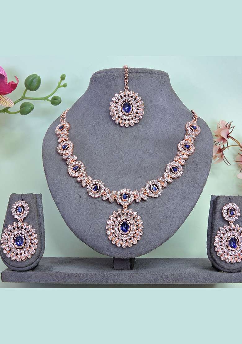 Blue Alloy American Diamonds and Stone Necklace Set - Indya