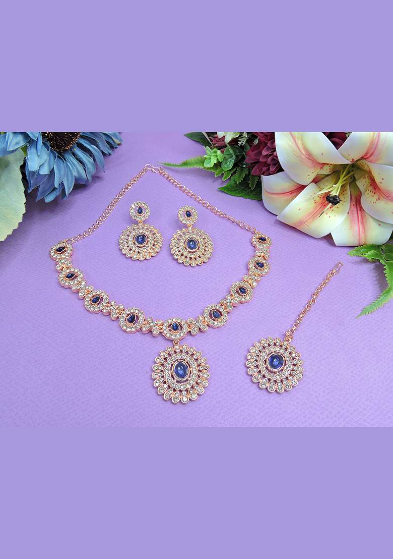 Blue Alloy American Diamonds and Stone Necklace Set - Indya