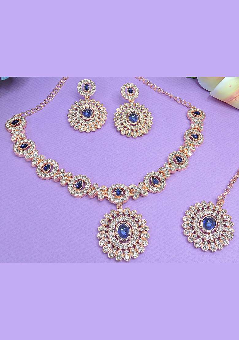 Blue Alloy American Diamonds and Stone Necklace Set - Indya