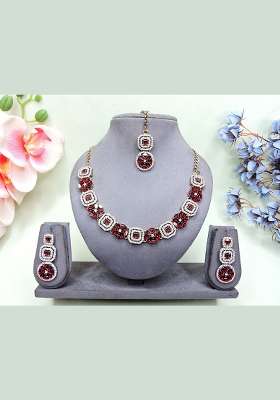Maroon Alloy American Diamonds and Stone Necklace Set