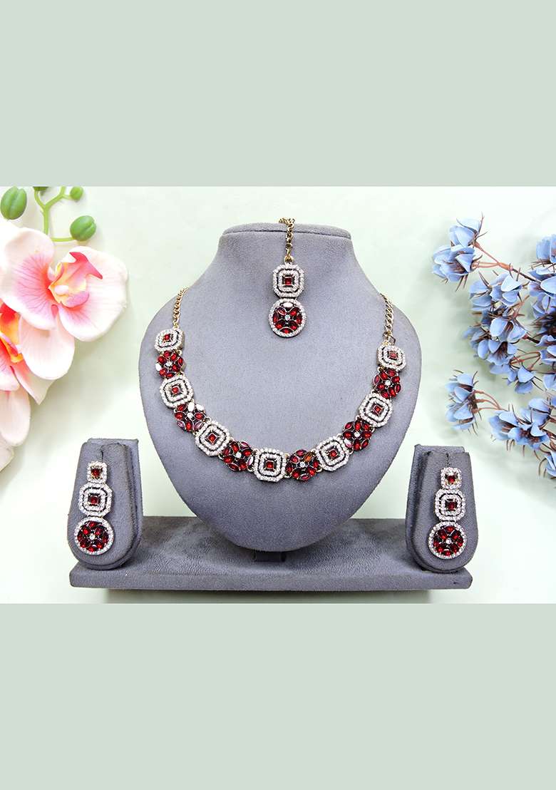 Maroon Alloy American Diamonds and Stone Necklace Set - Indya