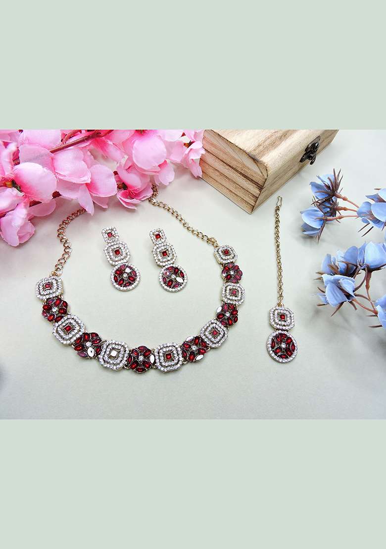 Maroon Alloy American Diamonds and Stone Necklace Set - Indya