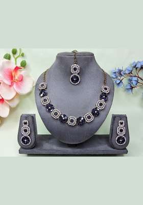 Blue Alloy American Diamonds and Stone Necklace Set