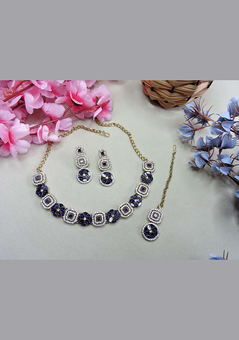 Blue Alloy American Diamonds and Stone Necklace Set - Indya